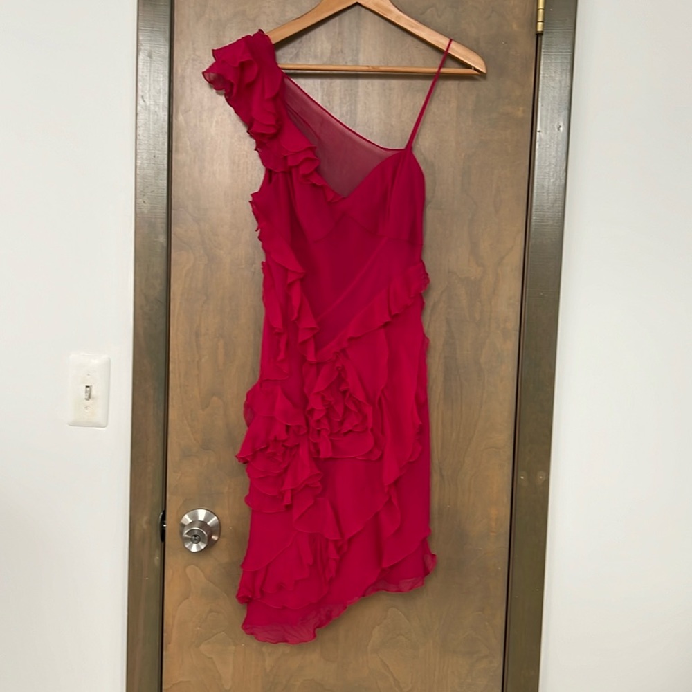 Feminine One-Shoulder Ruffle Dress in Fuchsia